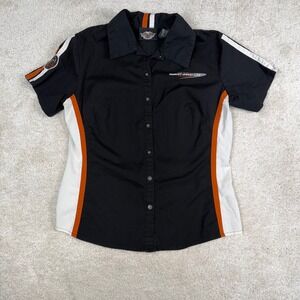Harley-Davidson Womens Black Orange Colorblock Short Sleeve Button Up Shirt M